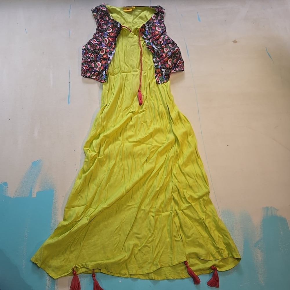 Ateesa‎ Womens S Maxi Dress Sleeveless Embroidery Boho Tassel Vest India Green